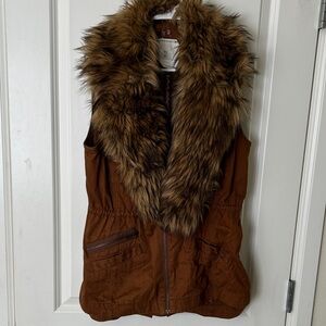 Luxurious Faux Fur Trim Brown Vest